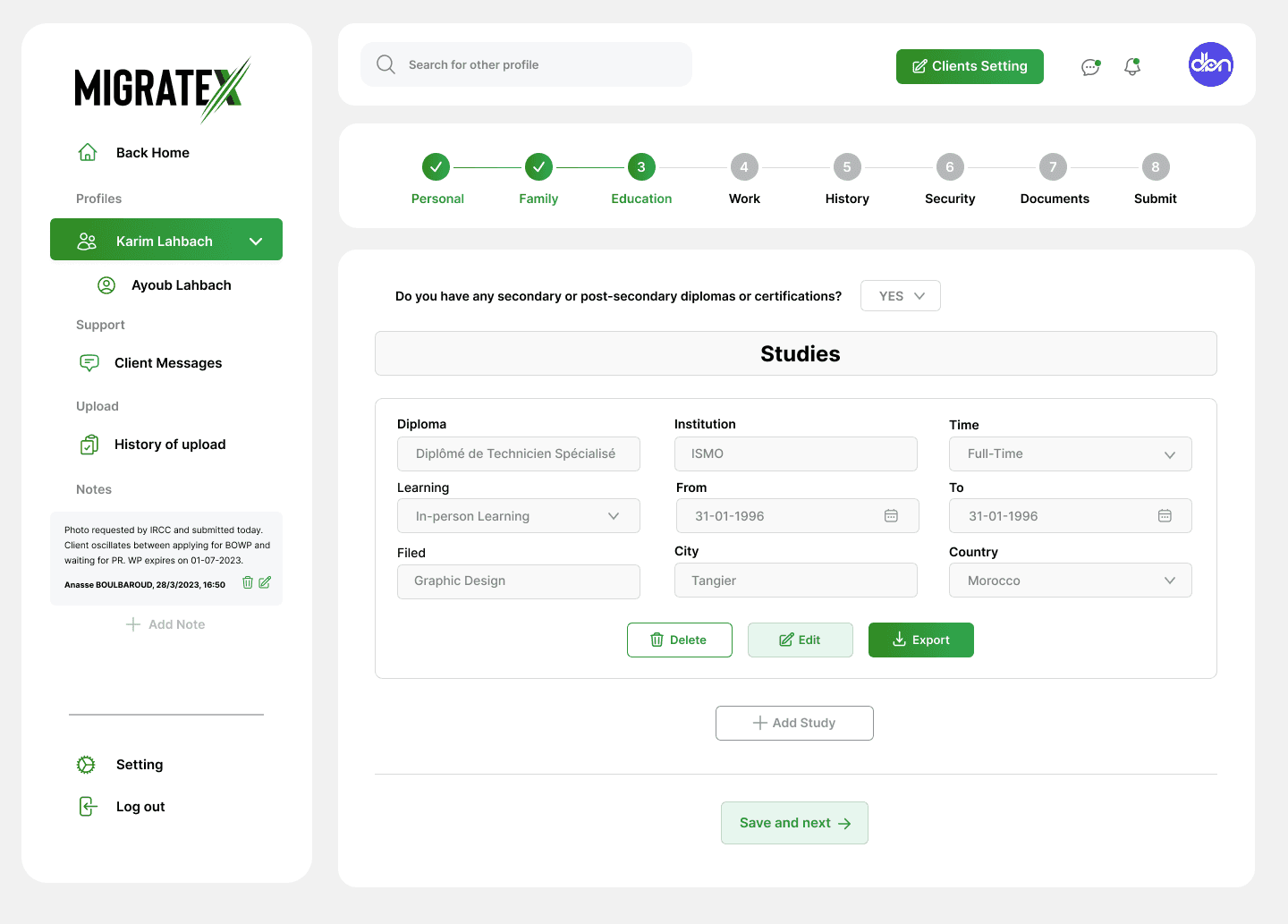 Migratex Education Form Interface